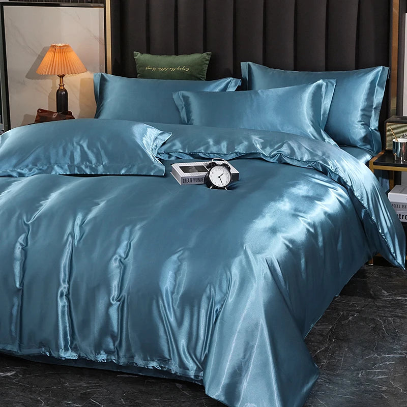 Luxury satin bedding set in blue featuring soft sheets and pillowcases for a stylish bedroom
