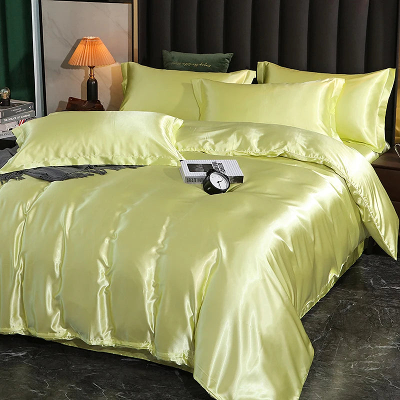 Luxury satin bedding set in soft yellow color with elegant sheen for a cozy bedroom decor