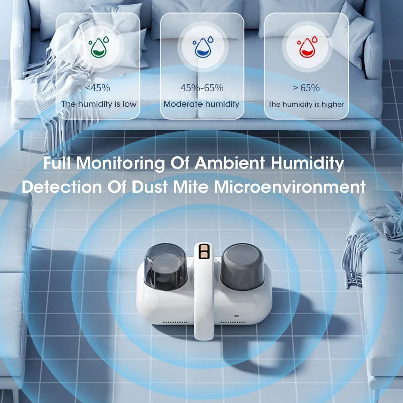 Mattress cleaning vacuum with humidity detection for effective dust mite removal and monitoring