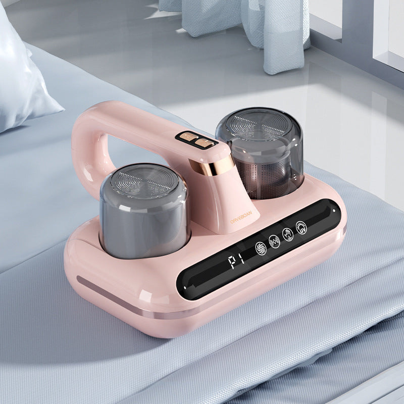 Mattress cleaning vacuum in pink with dual suction canisters for effective deep cleaning on bedding