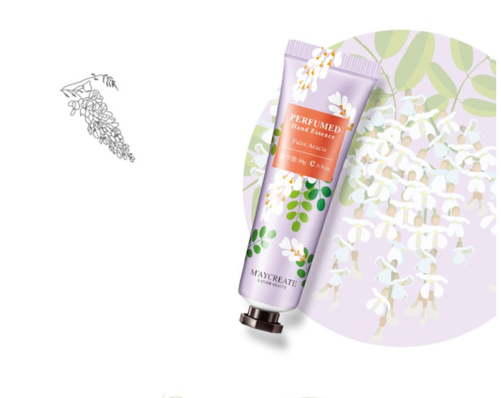 Plant essence hand cream in a floral tube for nourishing and moisturizing dry hands