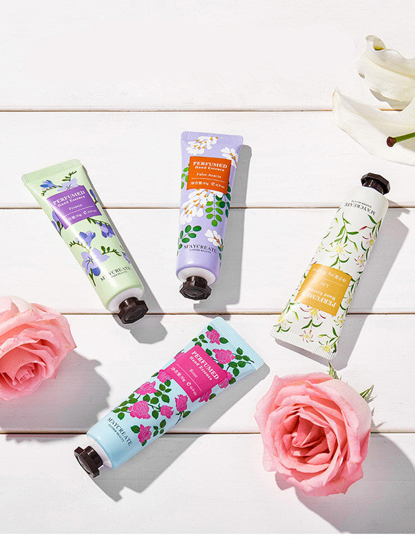 Assorted plant essence hand cream tubes in vibrant packaging with floral designs and roses