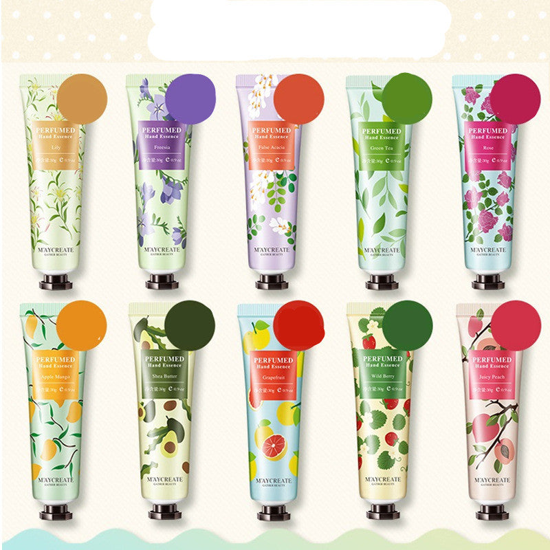 Variety of plant essence hand cream tubes in colorful packaging for nourishing dry hands
