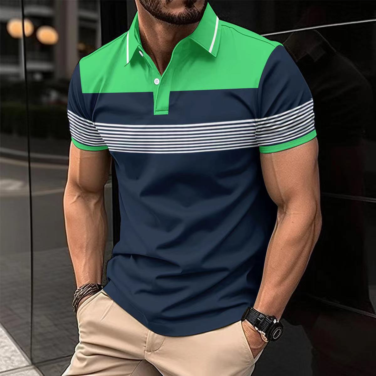 Men's casual V-neck polo in navy with green and white stripes, perfect for relaxed outings