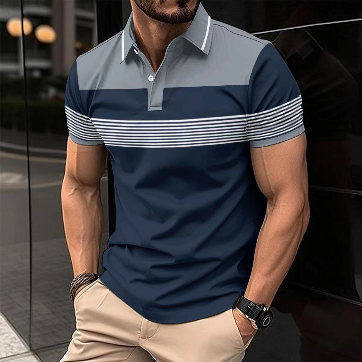 Men's casual V-neck polo in navy with striped design and short sleeves for stylish summer wear
