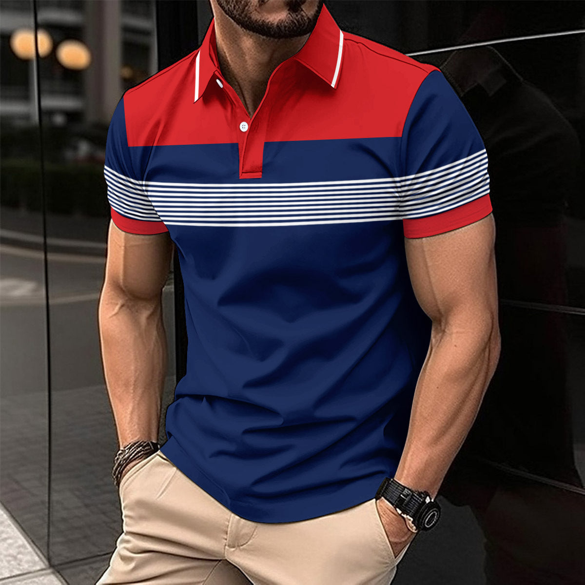 Men's casual V-neck polo in blue and red with striped design for stylish everyday wear