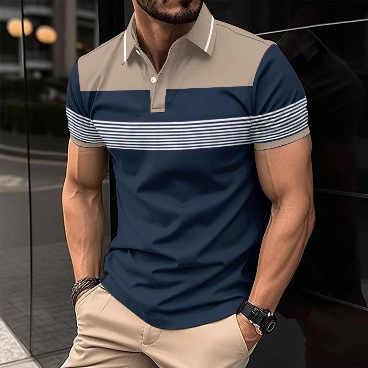 Men's casual V-neck polo in navy with striped design for a trendy look