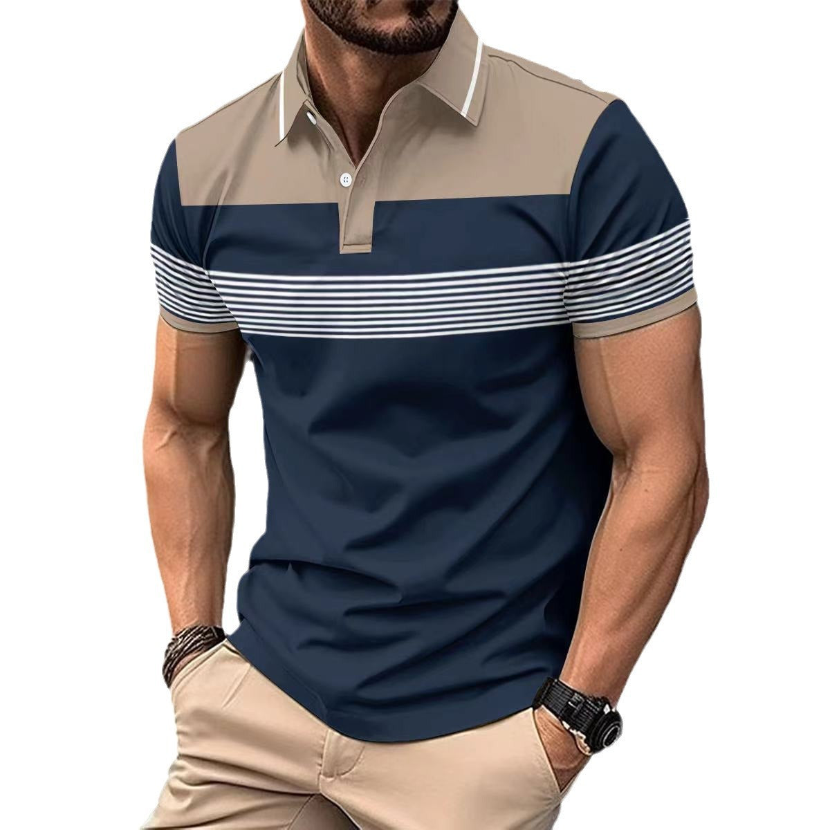 Stylish men's casual V-neck polo in navy blue with striped design and short sleeves for a modern look