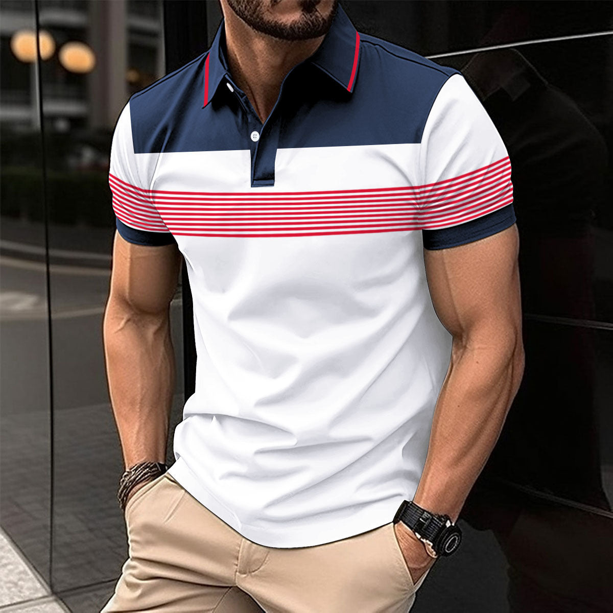 Stylish men's casual V-neck polo with navy and red stripes on a white background