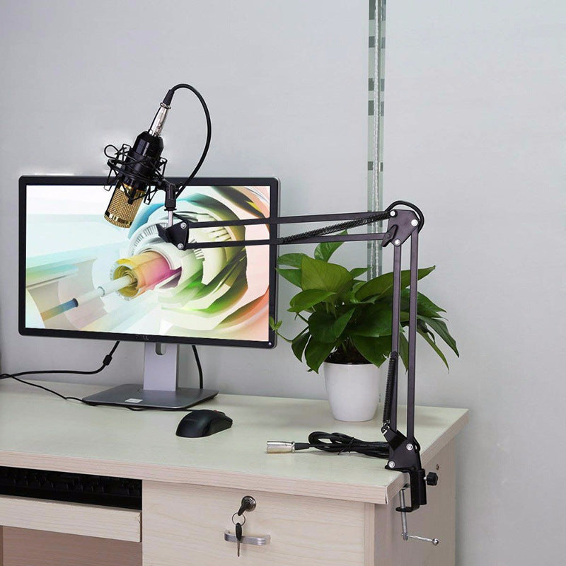 Microphone stand set professional with adjustable arm and microphone mounted on desk for clear audio recording