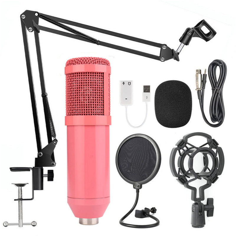 Microphone stand set professional including adjustable arm, pink microphone, pop filter, and cables