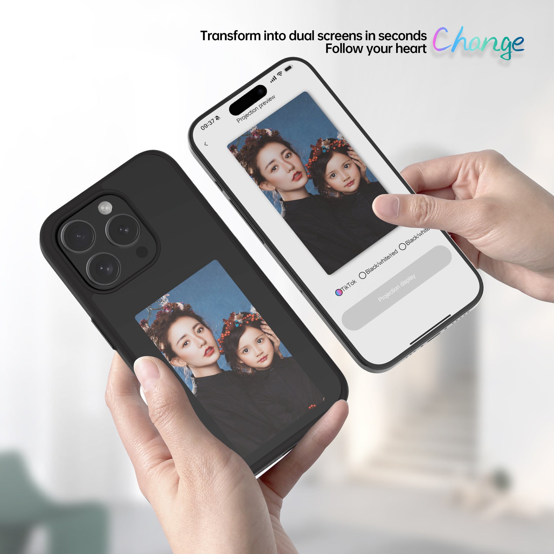 NFC screen phone case with dual screen feature showcasing a family photo on a stylish black case