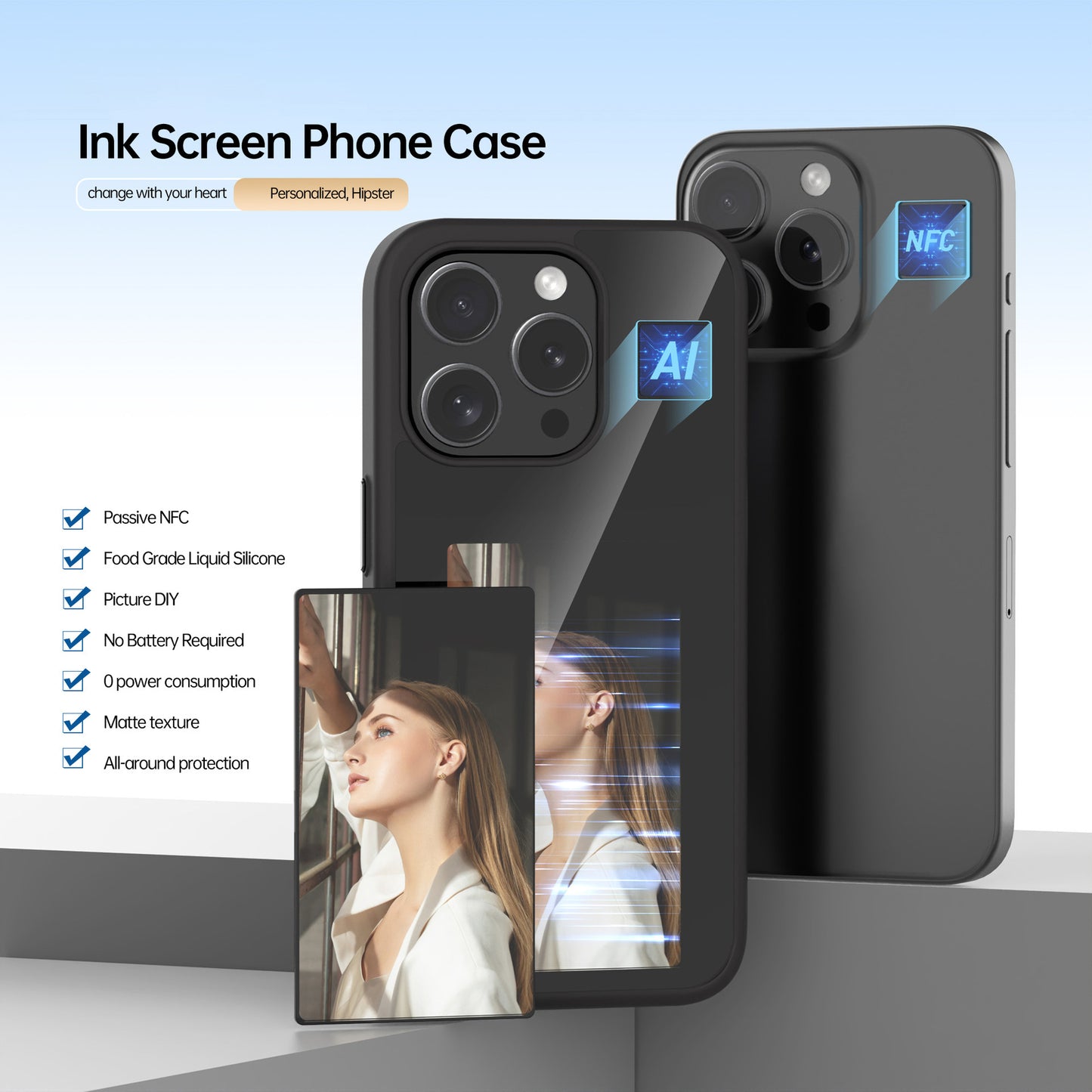 Black NFC screen phone case with ink screen feature for personalized style and all-round protection