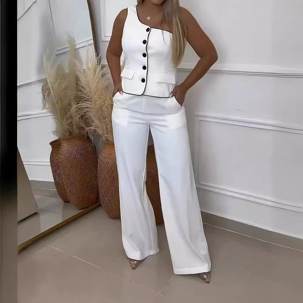 Stylish one-shoulder two-piece set for women featuring a fitted top and wide-leg pants