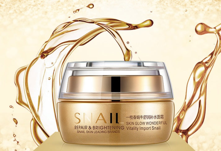 Anti-aging snail moisturizer in a gold jar, perfect for brightening and repairing skin