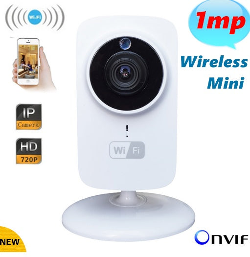 Wireless IP camera in white with HD 720p resolution for indoor security monitoring