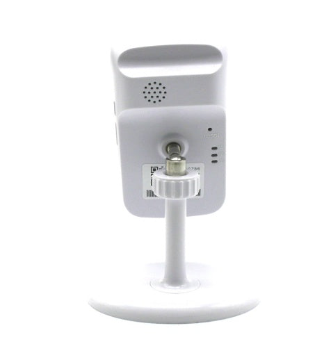 Back view of a wireless IP camera with mountable stand and speaker for easy installation