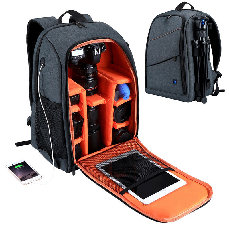 Photography backpack waterproof with compartments for camera gear and a padded tablet slot