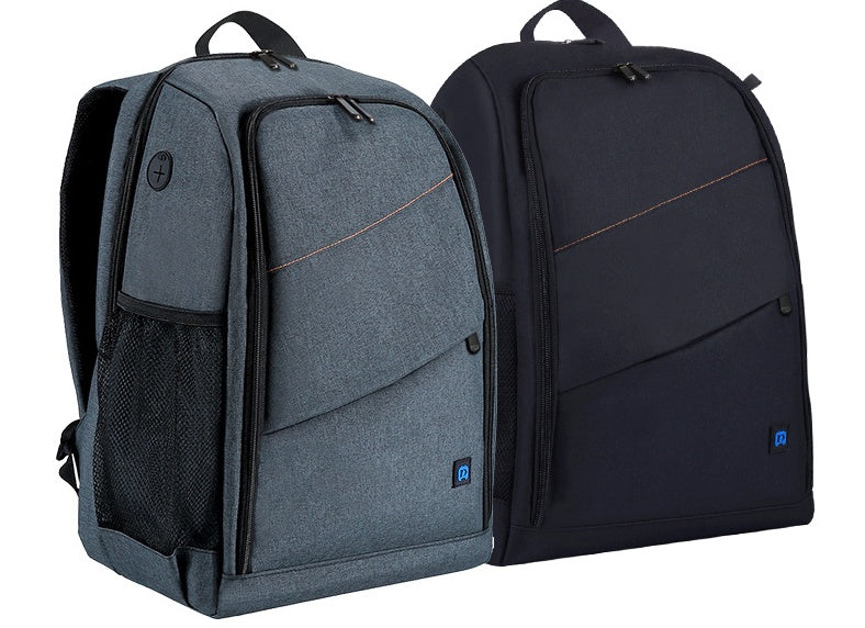 Photography backpack waterproof in gray and navy, designed for camera gear with durable materials