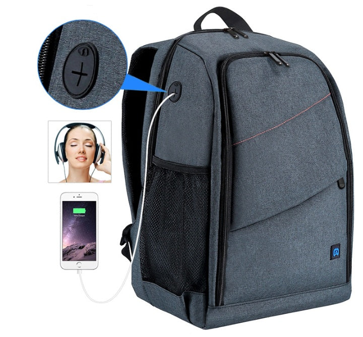Waterproof photography backpack with USB charging port and multiple storage compartments