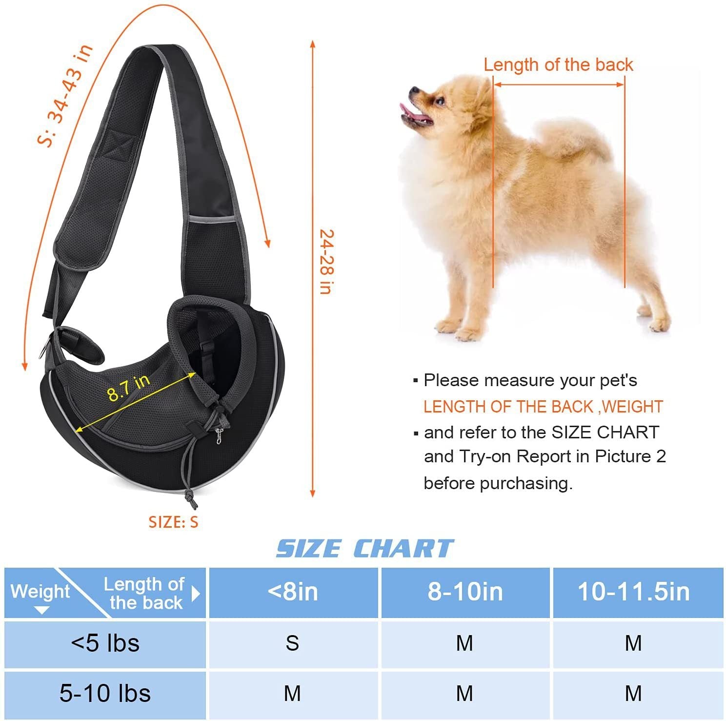 Portable pet carrier bag with adjustable strap and size chart for small pets under 10.5 inches