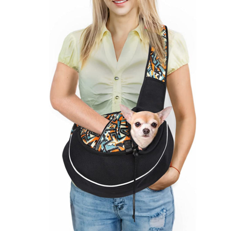 Woman carrying a small dog in a stylish portable pet carrier bag with a colorful interior