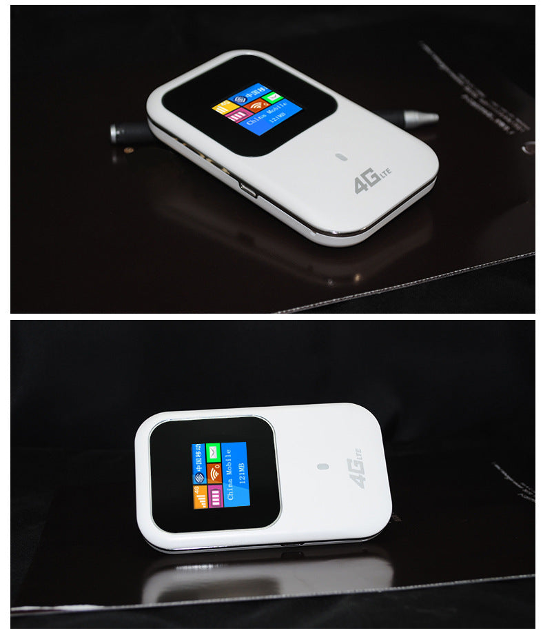 Portable WiFi router 4G in white color with a touch screen display and sleek design