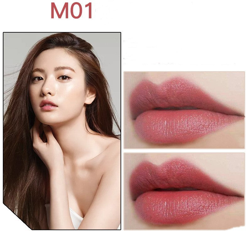 Long-lasting waterproof lipstick in a soft pink shade shown on lips and model for a natural look