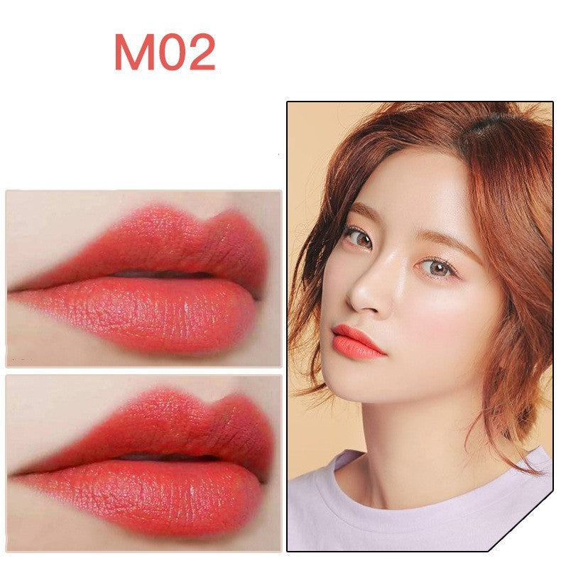 M02 shade long-lasting waterproof lipstick shown on lips and model for vibrant color result