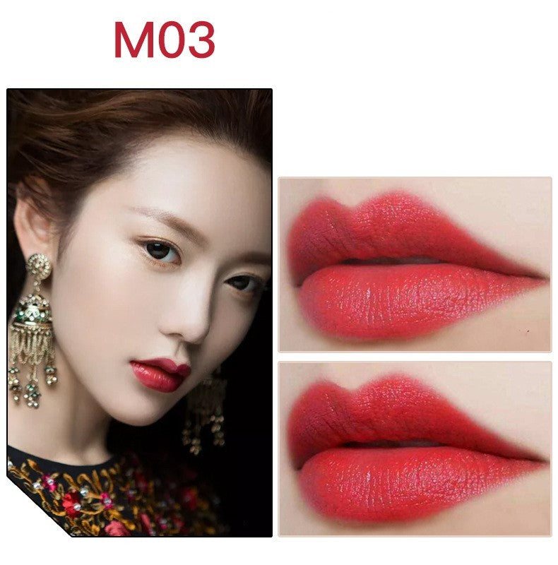 Beautiful model wearing M03 long-lasting waterproof lipstick in a rich red shade for vibrant lips