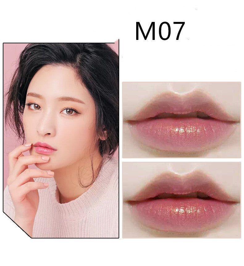 M07 Long-Lasting Waterproof Lipstick swatch and model wearing soft pink shade for a natural look