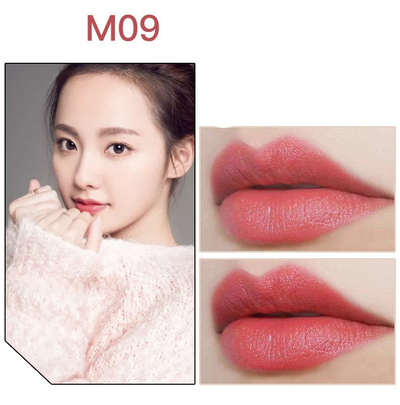 Long-lasting waterproof lipstick shade M09 with a soft pink hue embellished on smooth lips