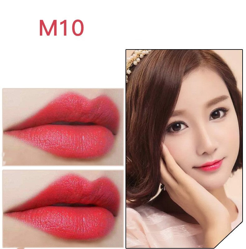 Youbuyforme long-lasting waterproof lipstick swatch in M10 on lips and model for a vibrant look