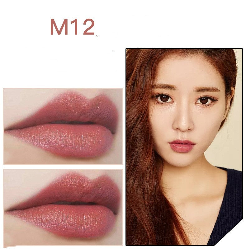 M12 Long-Lasting Waterproof Lipstick Swatches on Lips and Model for Perfect Color