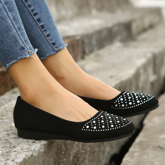 Stylish black rhinestone flats for women, featuring a trendy design with shimmering details