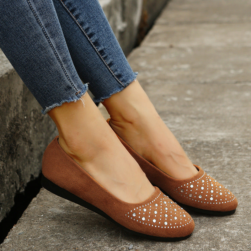 Stylish brown rhinestone flats for women with decorative studded design, perfect for casual outings