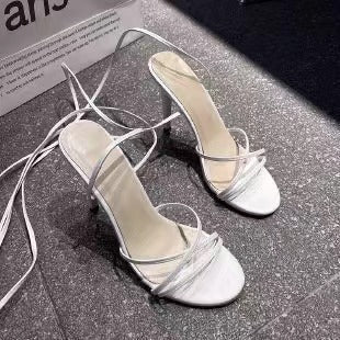 White round toe stiletto heels with delicate strappy design for elegant women's fashion