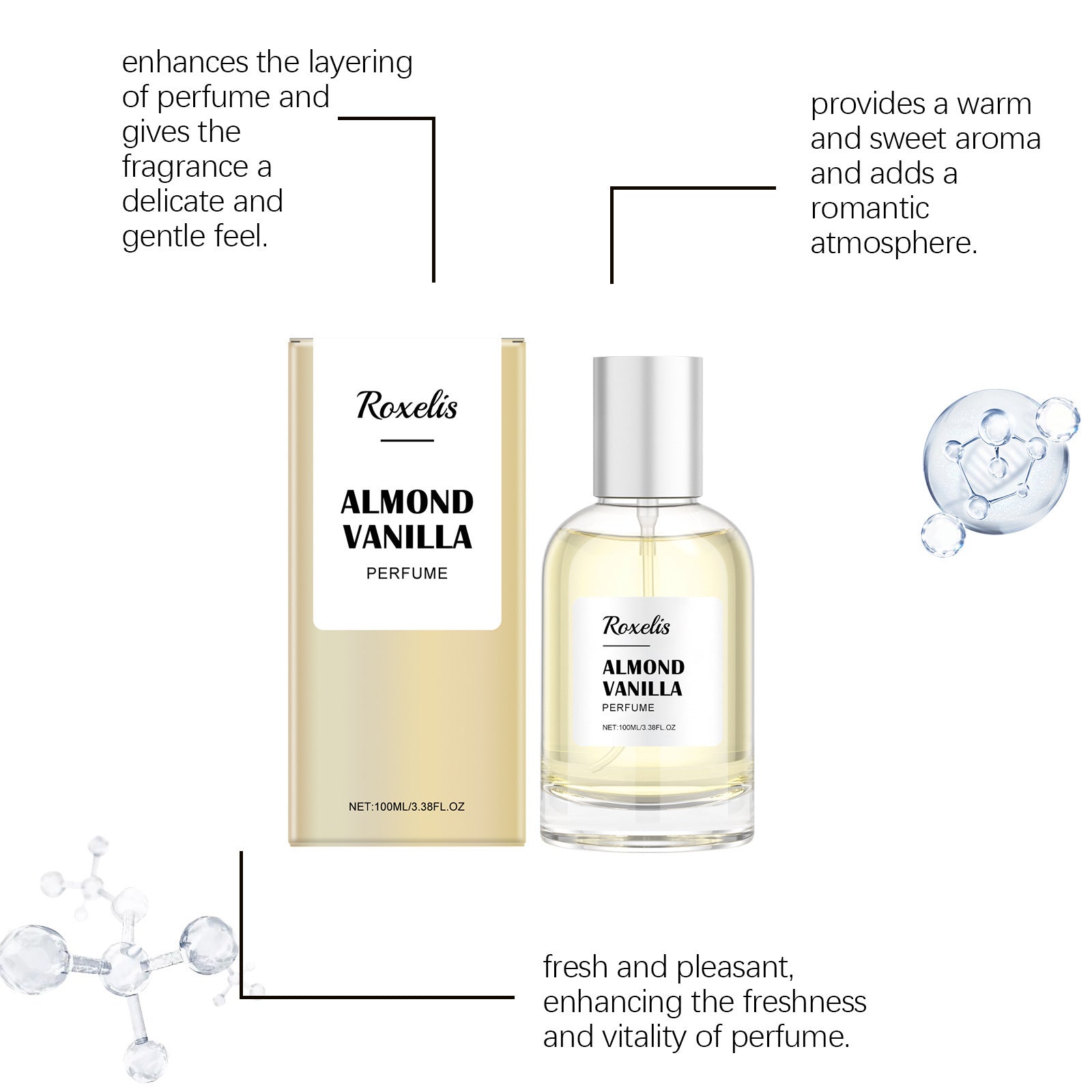 Roxelis Almond Vanilla Perfume Bottle in a sleek design, the best vanilla perfume online for a sweet aroma