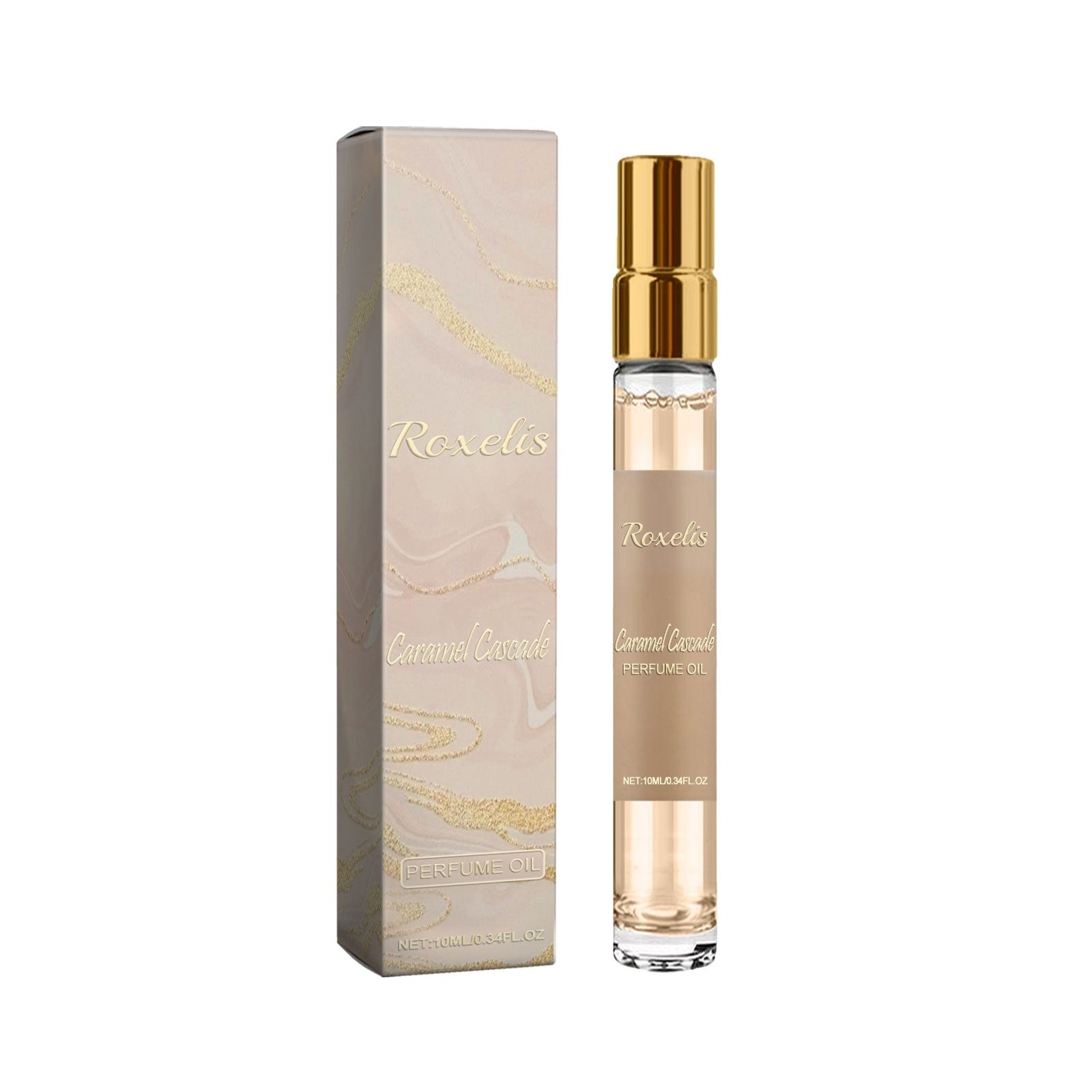 Roxelis Caramel Cascade perfume oil in a sleek rollerball bottle with elegant packaging