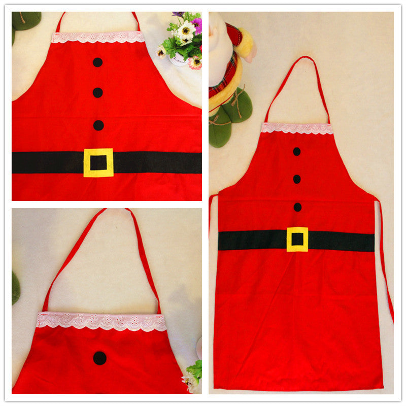 Santa Claus kitchen apron in bright red with lace trim and belt design for festive cooking