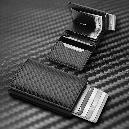 Sleek black secure RFID credit card case with carbon fiber design and multiple card slots