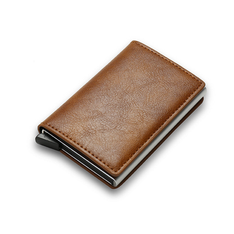 Brown leather secure RFID credit card case with sleek metal edges for enhanced protection