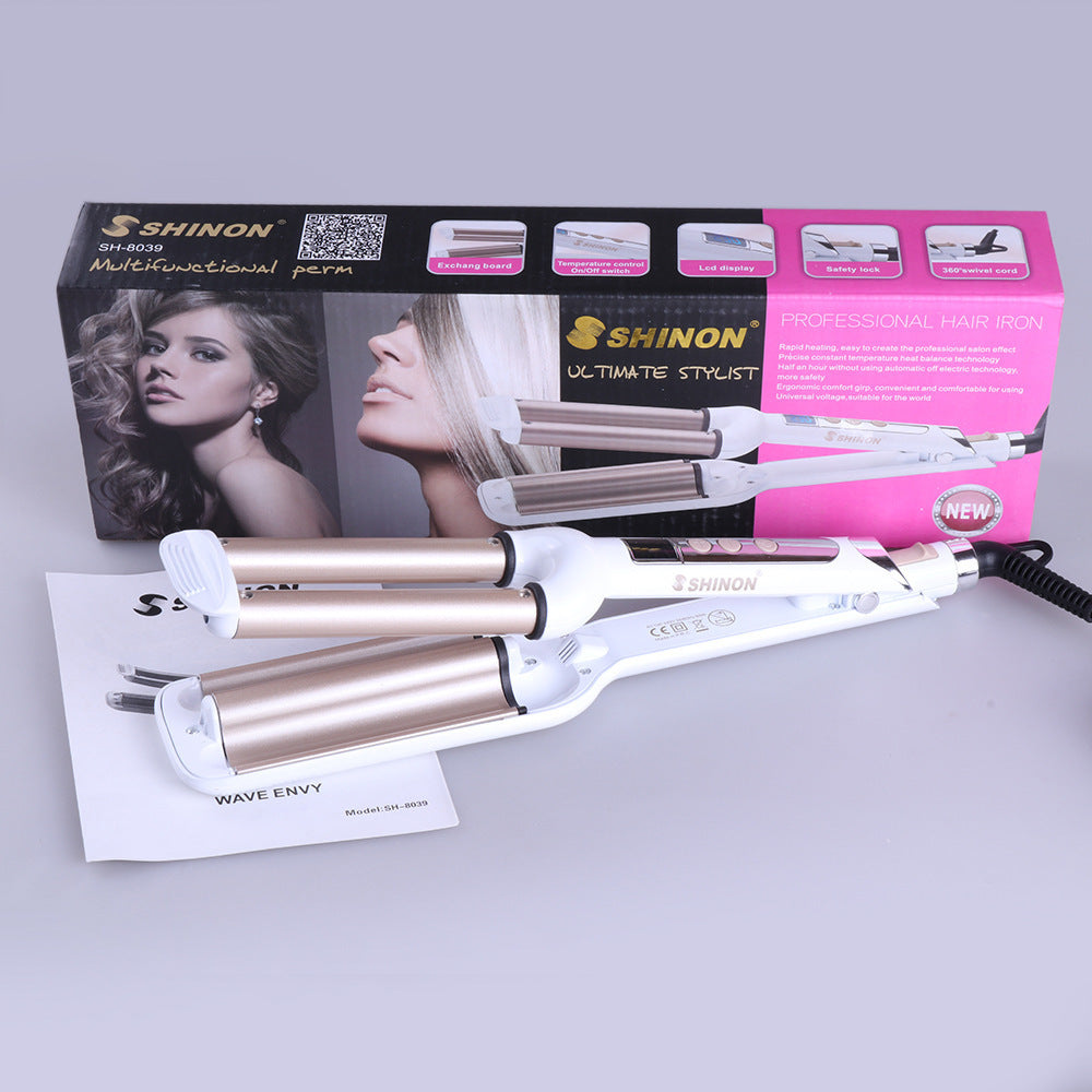 Shinon three barrel curling iron with a professional design for beachy waves and curls