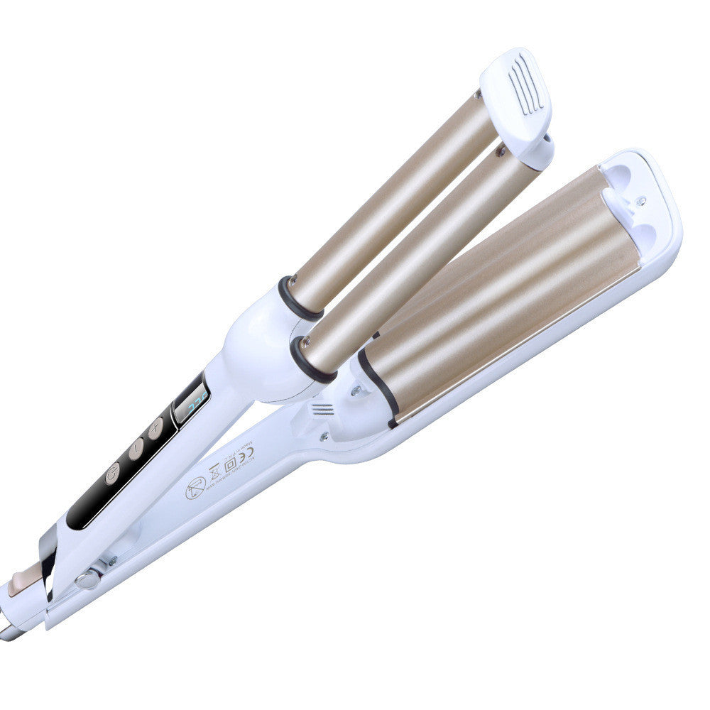 Three barrel curling iron in white and gold design for creating beautiful waves and curls