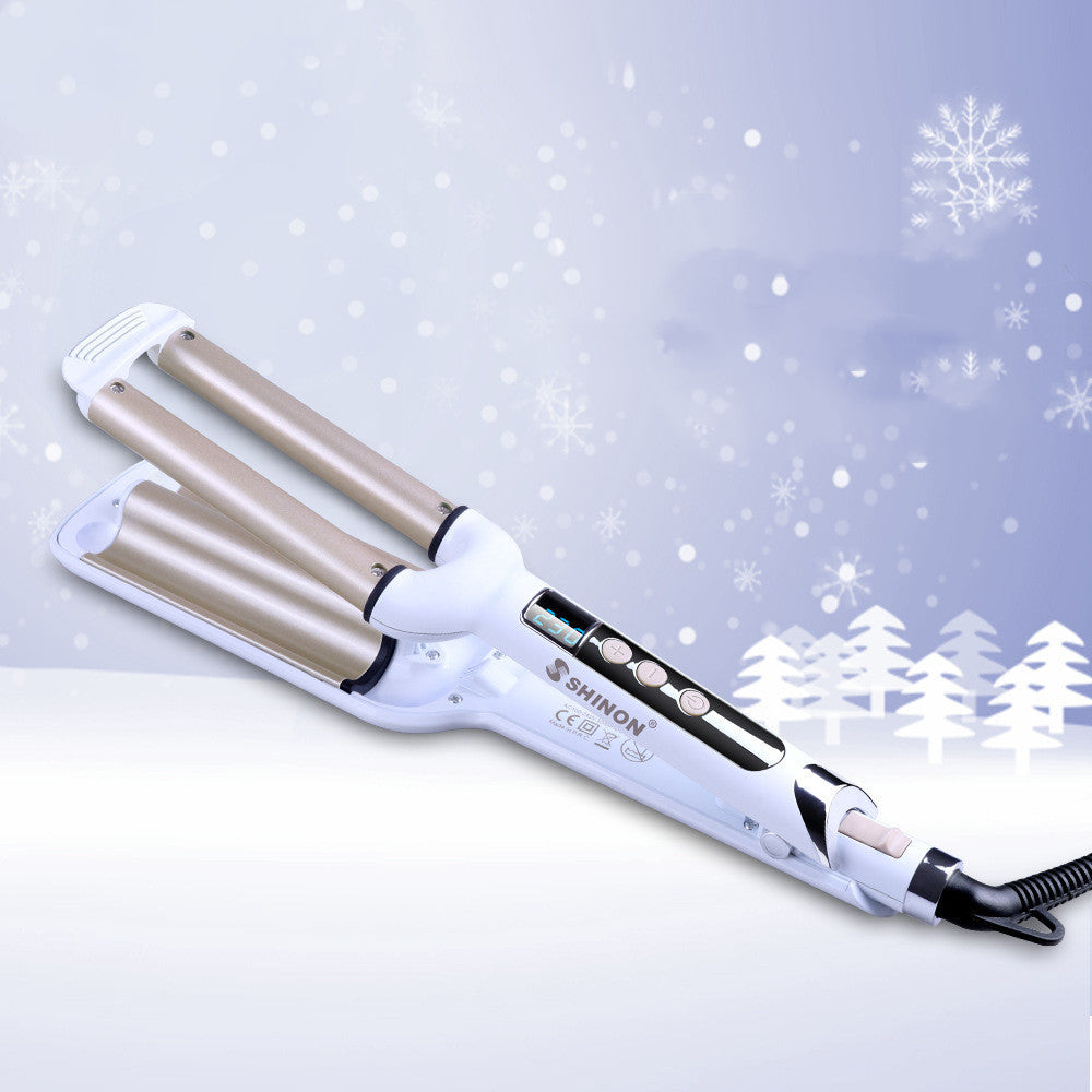 Shinon three barrel curling iron in white for creating beachy waves and curls effortlessly