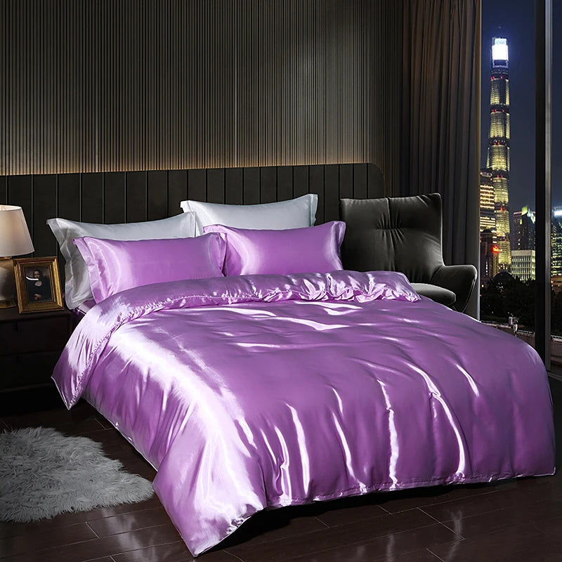 Luxury satin bedding set in purple color on a stylish bed with city view backdrop