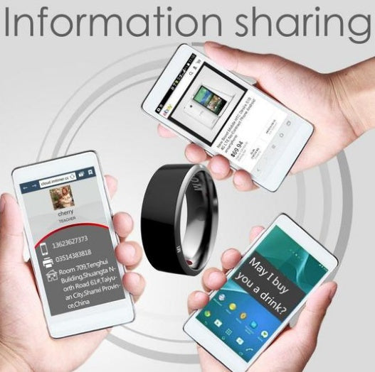 Smart NFC Ring displayed with smartphones showcasing information sharing features