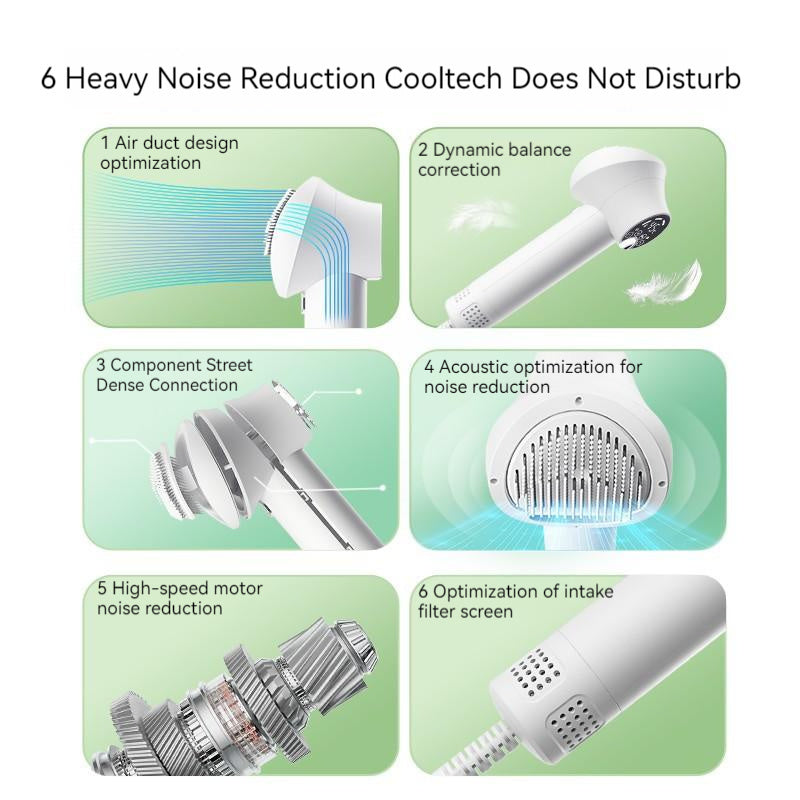 Features of smart pet hair dryer showcasing air duct design and noise reduction technology