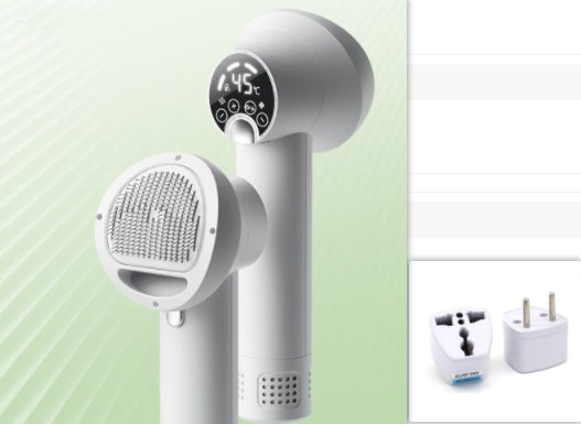 Smart pet hair dryer in white with digital display and multifunctional design for efficient drying