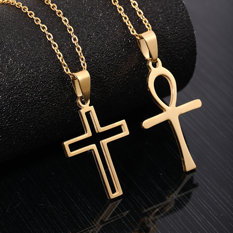 Gold stainless steel cross necklace and ankh pendant on elegant chain for stylish accessorizing